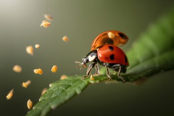 Fototapeta premium Close up scarlet ladybug with wings open on leaf sunlight bokeh nature photography