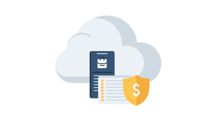 A digital illustration depicting cloud computing, data security, and financial protection, with a shield, mobile device, and checklist elements against a white backdrop.