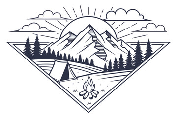 Obraz premium landscape, mountains, forest, campfire, sun, clouds, geometric, outdoors, nature, line art, silhouette, minimalist, retro, badge