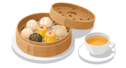 Dim sum  tea A bamboo steamer filled with dumplings sits beside a white cup of tea on a white plate