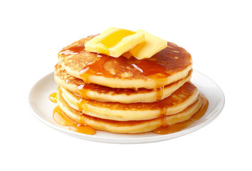 Fototapeta premium Delicious golden pancakes stacked high, glistening with warm maple syrup and topped with melting butter, a delightful breakfast treat PNG set with transparent background