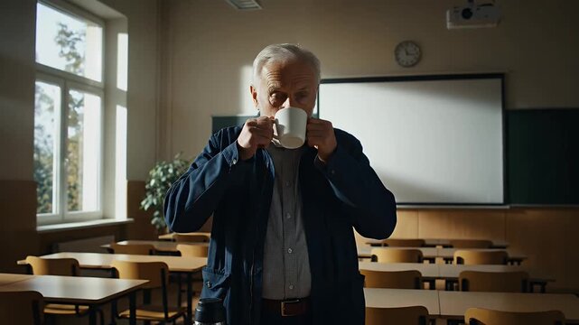 Senior man pouring hot beverage in a classroom