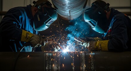 Dual Welders Ignite Sparks and Blue Arc Light on Industrial Pipe Showcasing Intense Craftsmanship.