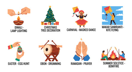 Diverse illustrations depict various cultural celebrations and festive activities including Diwali lamp lighting, Christmas tree decoration, carnival masked dance, and kite flying, showcasing global
