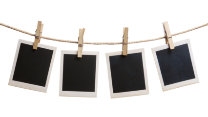 Four Blank Instant Photo Frames Hanging on Rope – Empty Polaroid Gallery Mockup PNG