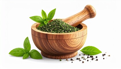 A realistic wooden spice mortar bowl with pestle and crushed herbs visible isolated on white background
