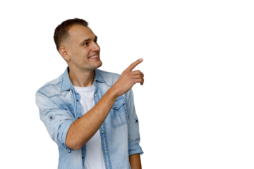 Young man pointing finger right, smiling, advertising, presenting, showing direction, copy space, transparent background