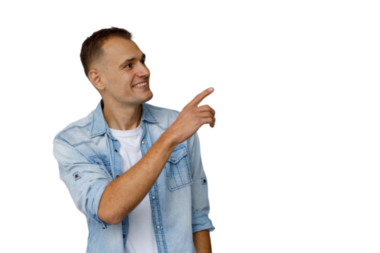 Young man pointing finger right, smiling, advertising, presenting, showing direction, copy space, transparent background