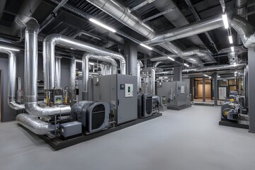 Obraz premium Industrial mechanical room with extensive pipework hvac systems and ventilation equipment in a modern facility