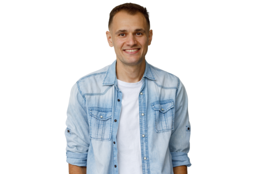 Smiling man portrait wearing casual denim shirt and white t-shirt, cheerful happy person with transparent background