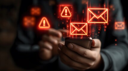 Person holding smartphone with multiple glowing red email and triangle warning symbols indicating urgent cyber threat.