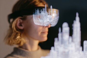 Architect using AR headset to visualize 3D building models projected in air futuristic design concept