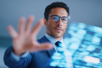 Business professional swiping virtual data in midair during futuristic digital presentation