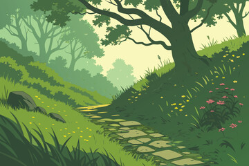 Fototapeta premium a pathway through a lush green forest, detailed rocky path winding through tall grass and wildflowers, dappled sunlight filtering through the canopy of trees, serene and tranquil atmosphere, vibran