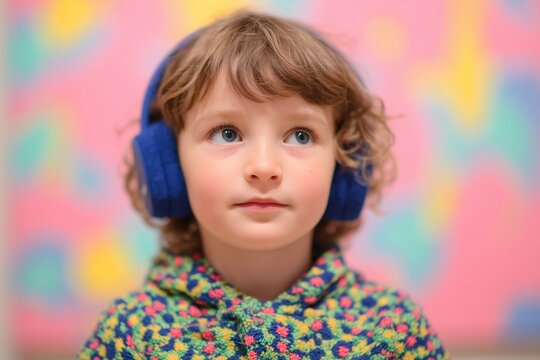 Child with noise canceling headphones exploring calm museum space neurodiversity and inclusion concept