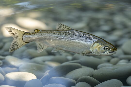 Close-up of a young salmon smolt swimming in shallow rocky riverbed water