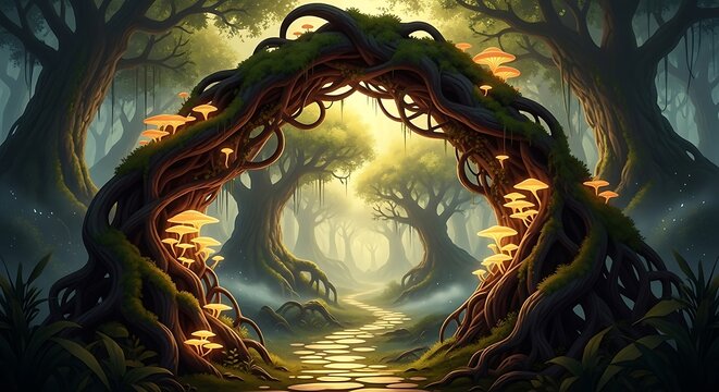 Enchanted forest path with glowing mushrooms and ethereal light digital art - Powered by Adobe
