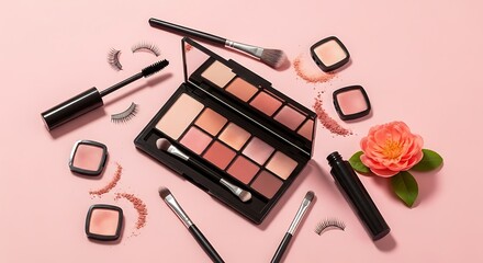 Feminine beauty concept with eyeshadow palette and make up brushes