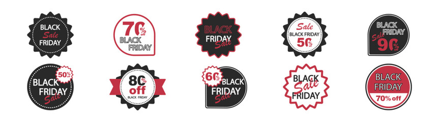 Sale banner with price labels, discount tags, promotion stickers, advertising design, marketing elements, and shop icons. Vector set on transparent background, ideal for Black Friday and clearance