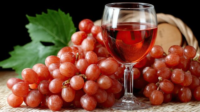 Fresh red grapes and a glass of rose wine with green leaves arranged on a wooden table creating a vibrant still life in a cozy setting