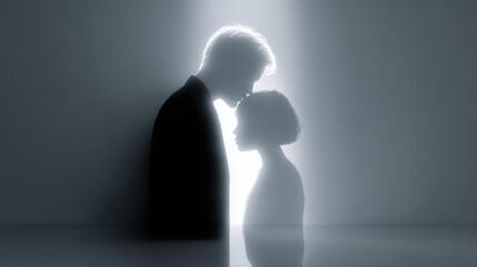Negative Thought Cycle, Silhouettes of a couple embracing in a tender moment, illuminated by soft light, conveying intimacy and connection.
