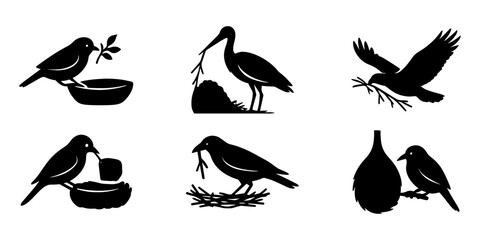  Nesting birds silhouettes, bird with twig, building nest, flying bird, stork, nest outline