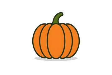 Simple  pumpkin with dark green stem and soft shadow, flat orange gourd icon for autumn, harvest, Halloween, and Thanksgiving designs on a white background.
