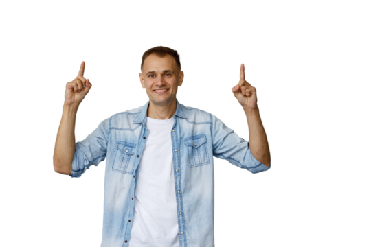 Smiling man pointing up with both hands, showing ideas or choices, happy on transparent background - Powered by Adobe