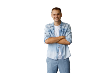 Man with arms crossed smiling, representing confidence and casual style, standing portrait on transparent background