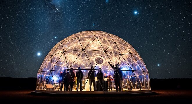 Geodesic dome structure illuminated under a starry night sky gathering people