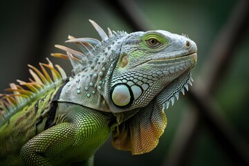 Fototapeta premium Close up of a vibrant green iguana reptile with textured scales and spiky crest in lush foliage
