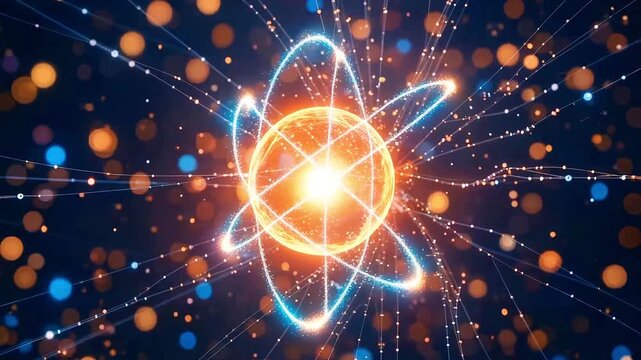 Glowing atom illustration, with a bright core surrounded by orbits and lines against a dark, bokeh background