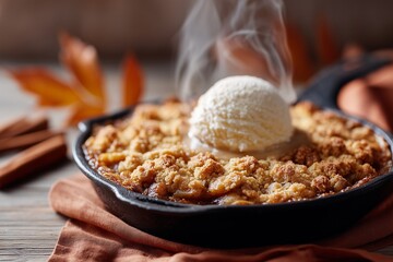 Rustic apple crumble in cast iron skillet with melting vanilla ice cream and caramel edges in warm light