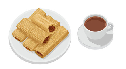 The image shows a plate of tamales next to a cup of what appears to be coffee