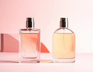 Two Perfume Bottles on Pink Surface with Minimalist Design