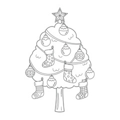 Charming Christmas Tree Line Art Adorned with Star, Baubles, and Festive Stockings - Perfect for Holiday Coloring Pages and Winter Season Designs