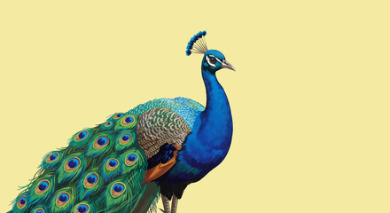 Colorful peacock on a yellow background. Copy space