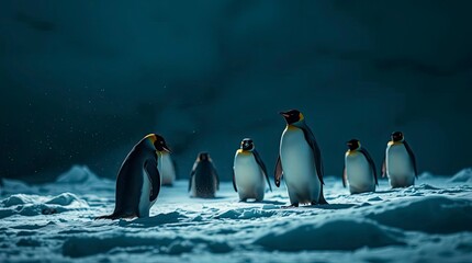 Obraz premium Penguins in snow with rich deep teal tones, intense dramatic lighting and high-contrast cinematic mood