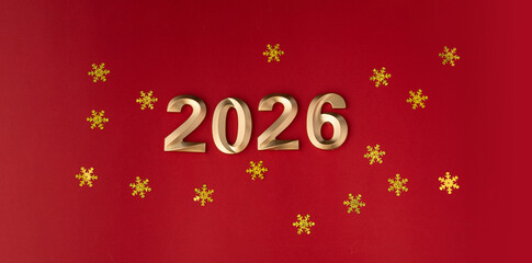 Happy New Year 2026 background banner. golden 2026 numbers on a red background for New Year's Eve festivities