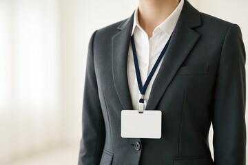  A businesswoman in a suit wears a blank ID badge on a lanyard. Perfect for corporate events, seminars, or employee identification concepts.