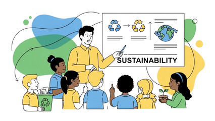 Continuous Line Art of Instructor Teaching Children About Recycling and Sustainability, Minimalist Environmental Education Illustration