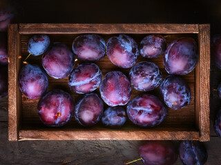 A wooden crate filled with ripe plums. The plums are a mix of dark purple and reddish hues.