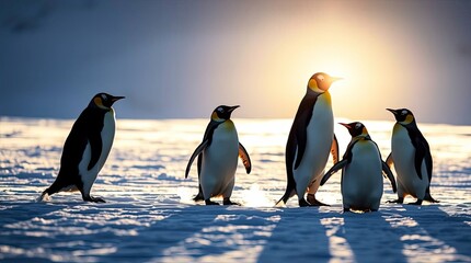 Obraz premium Silhouetted penguins playing in snow, elegant backlit composition with strong light contrast