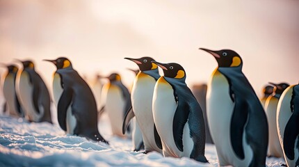 Fototapeta premium Vibrant cinematic image of penguins playing in snow, lively wildlife scene with soft haze and bright colors