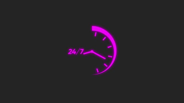 Neon pink 24/7 clock face glowing on dark background representing constant availability and round