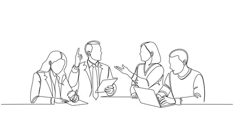 Line art Illustration of business people working together in the office. One line art style