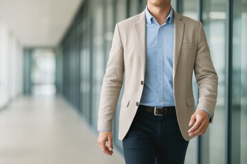  Confident Professional.  A stylish businessman in a casual blazer walks with purpose down a modern, bright office hallway.