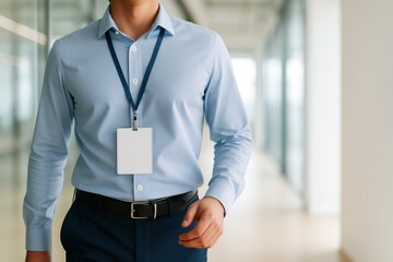 A professional employee in a blue shirt walks through a modern office hallway, wearing a blank ID badge on a lanyard. Corporate identity concept.