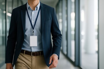 Corporate Professional Walking.  A professional man in a blazer walks through a modern office hallway, wearing a blank ID badge on a lanyard. Corporate identity concept.