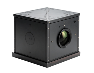Black cube object with a circular opening isolated on transparent background
